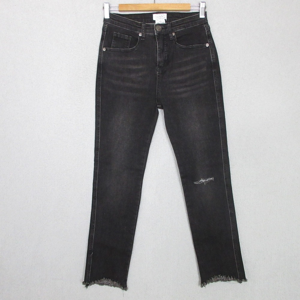 Mud Pie Hyde Straight Leg Jeans Black Distressed Frayed Hem High Rise Size S NEW